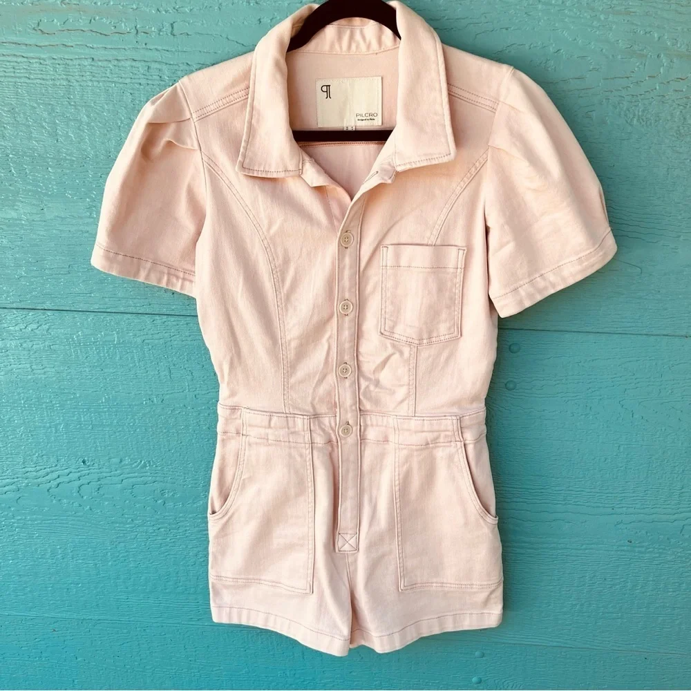 ANTHROPOLOGIE PILCRO PUFF SLEEVE PETAL PINK BUTTON FRONT ROMPER SIZE 8 - Picture 4 of 10